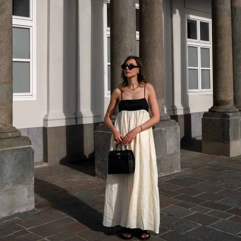 Contrasting Color Out Sling Maxi Dress Women Backless Loose Dresses.