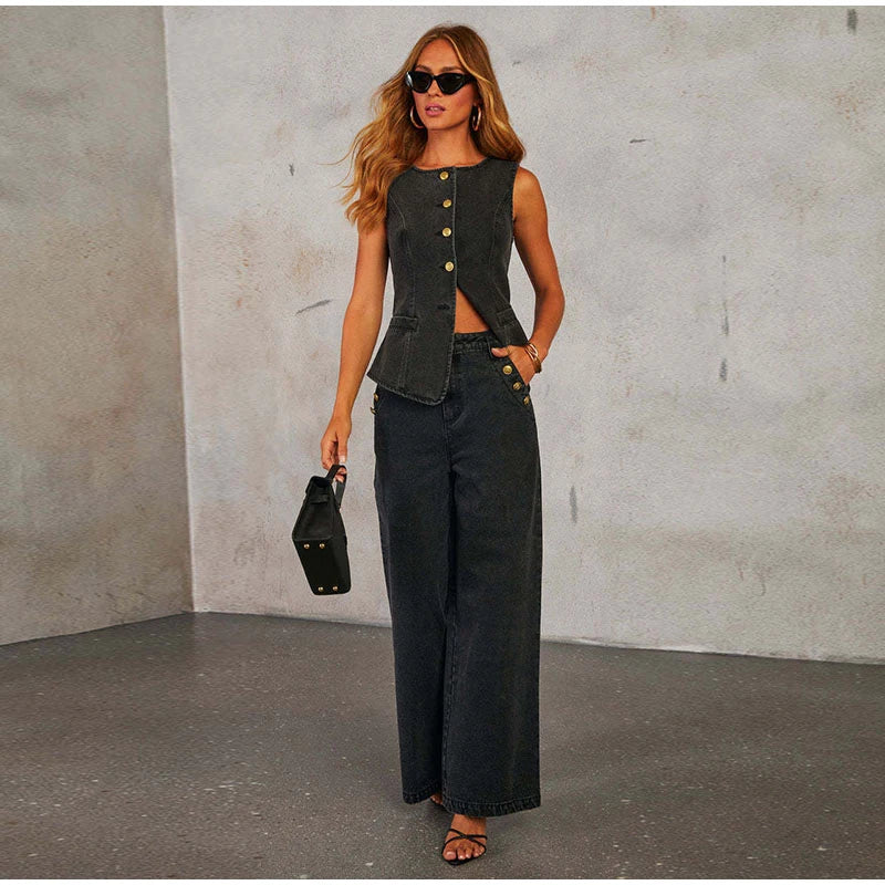 Metal Buttons, Vest With High Waist Wide Leg Jeans.