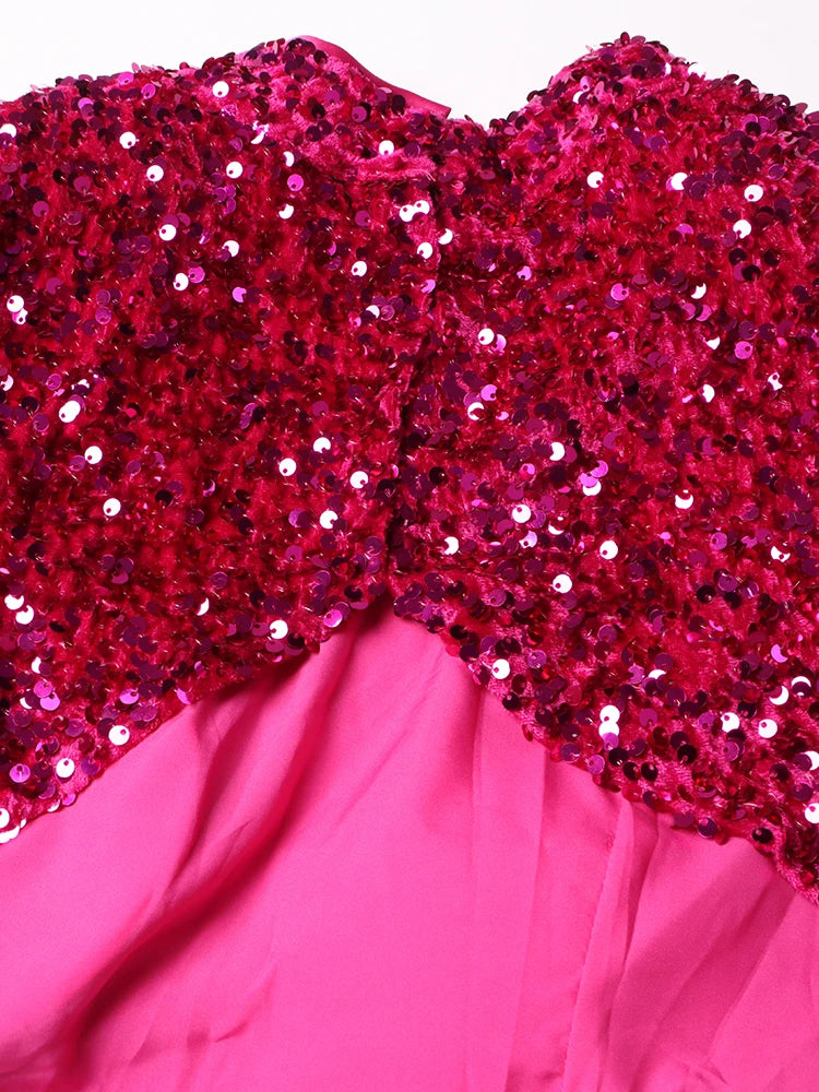 Two Piece Sets, Stand Collar Short Sleeve Spliced Sequins Tops High Waist Skirt Chic.