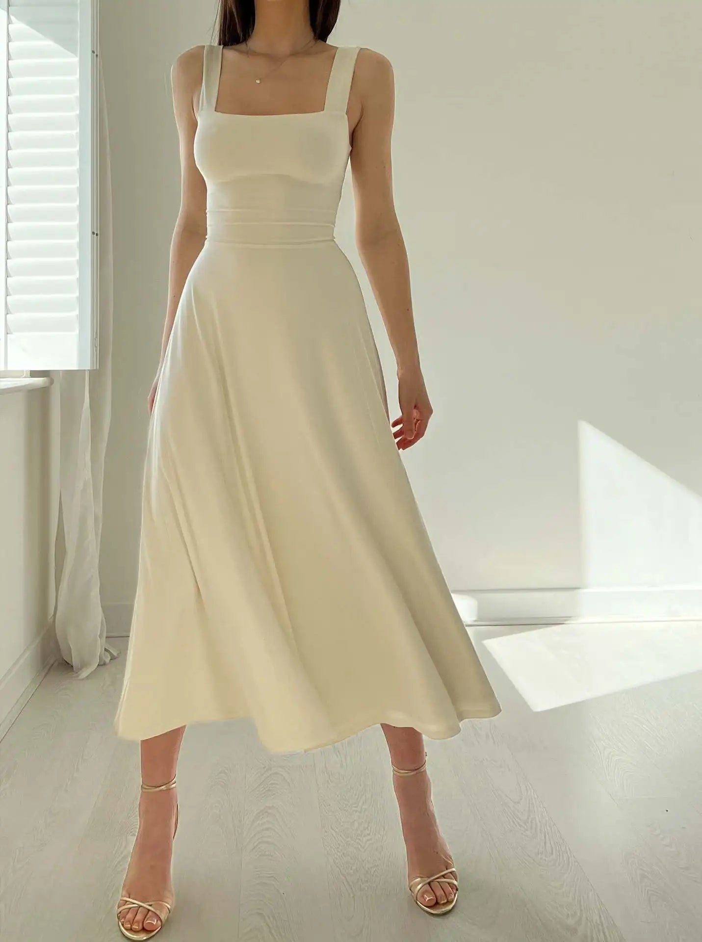 Square Collar New Thick Shoulder Straps Slim Lace Up Waist Dresses