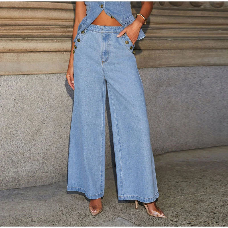 Metal Buttons, Vest With High Waist Wide Leg Jeans.