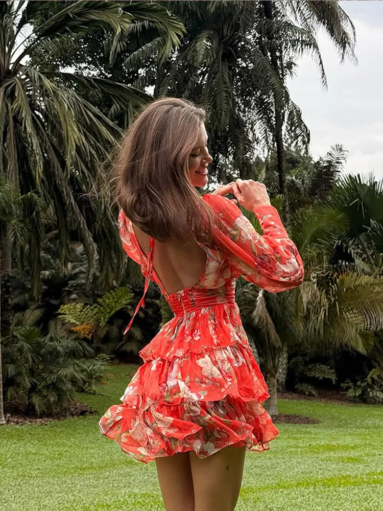 Printed Flower V Neck Backless Mini Dress