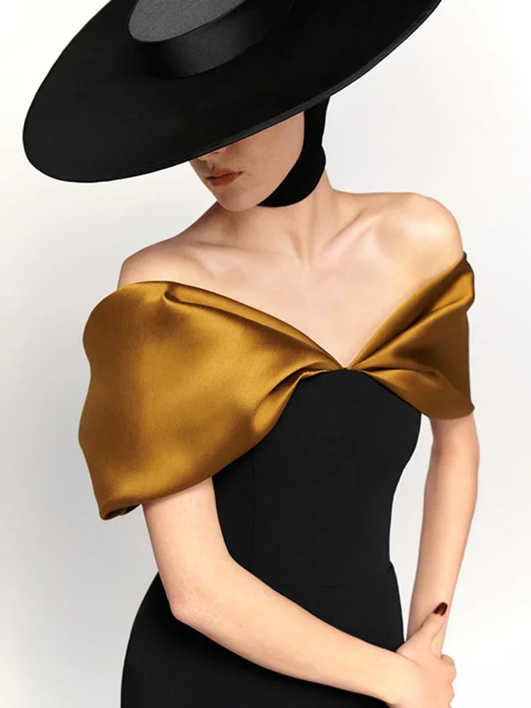 Satin Patchwork Off Shoulder Maxi Dress