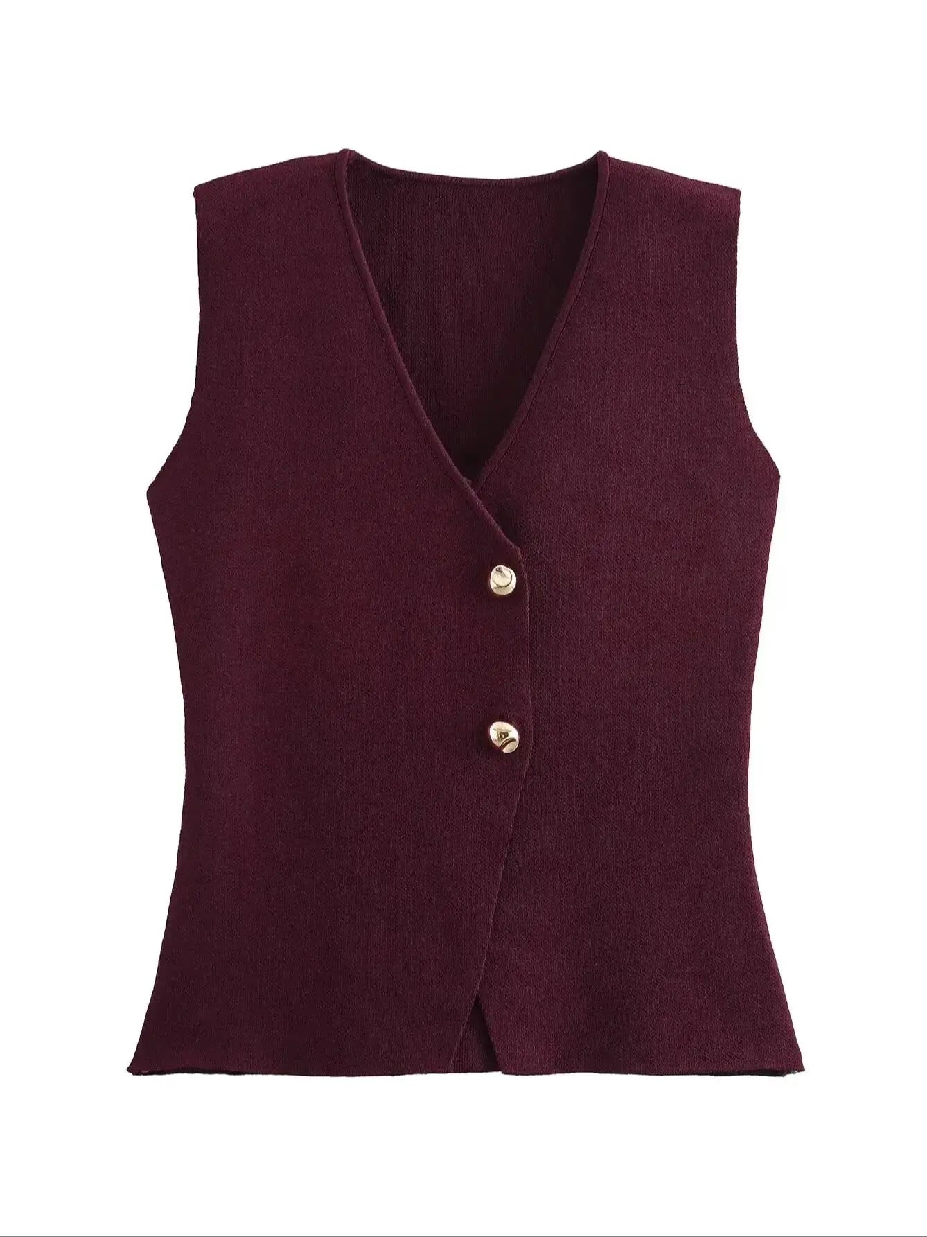 Women with gold button knit waistcoat top vintage v-neck sleeveless button-up female waistcoat chic tops