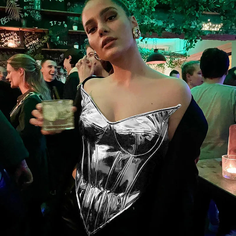 Brilliant Women PU Leather Strapless Backless Zipper Sleeveless Off Shoulder Bustier Top Vest.