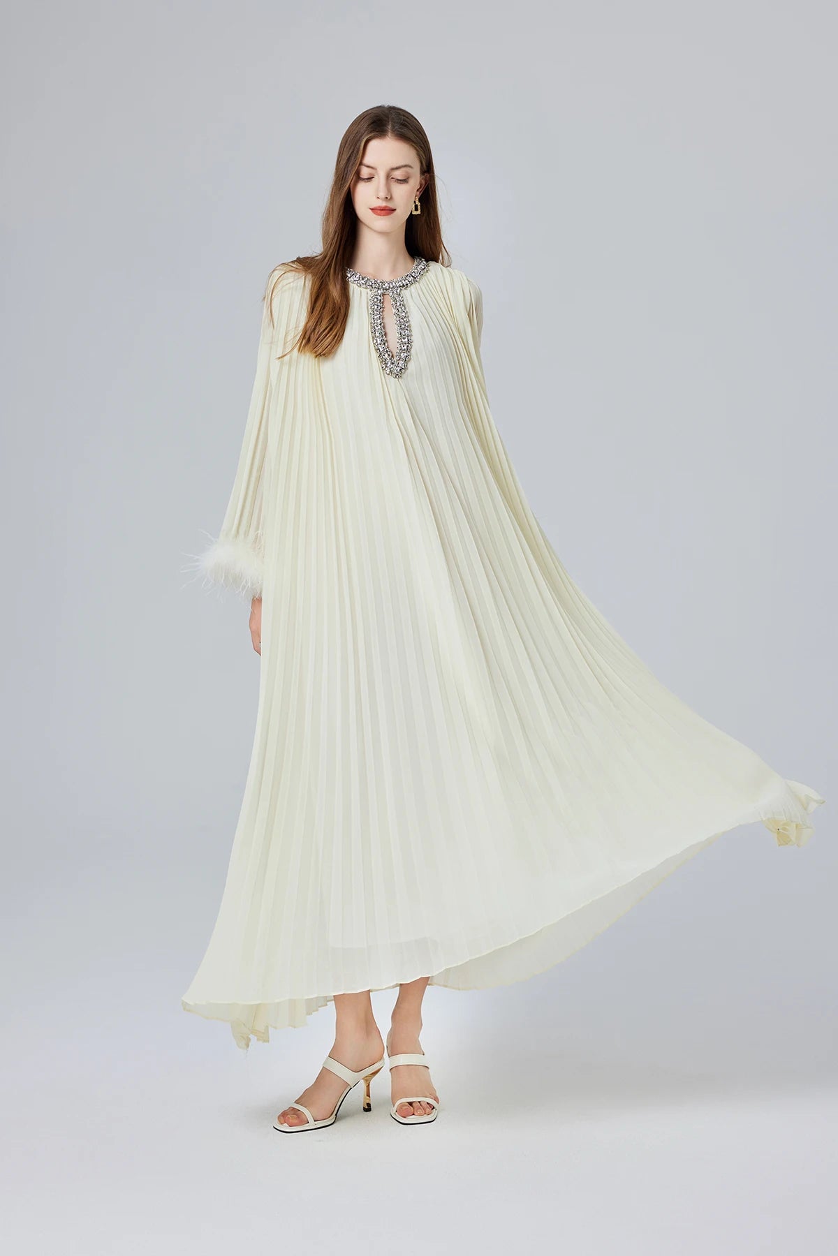 Solid Loose Spliced, Round Neck Long Sleeves patchwork Dimond Dress.