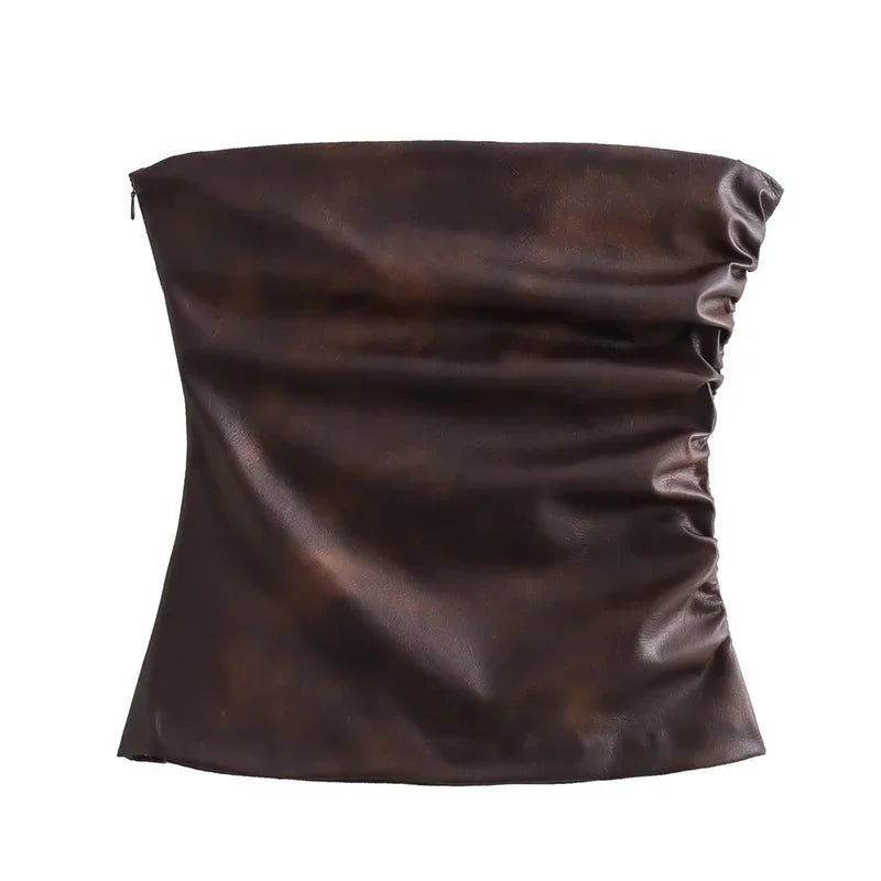 women's sleeveless vest strapless leather pleated underwear.