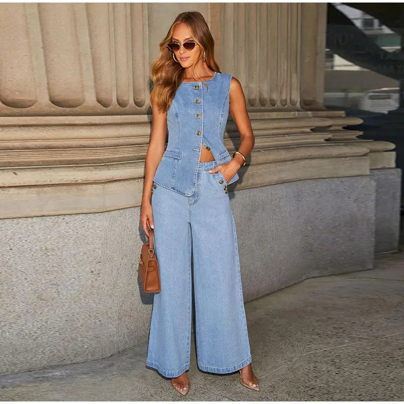 Metal Buttons, Vest With High Waist Wide Leg Jeans.