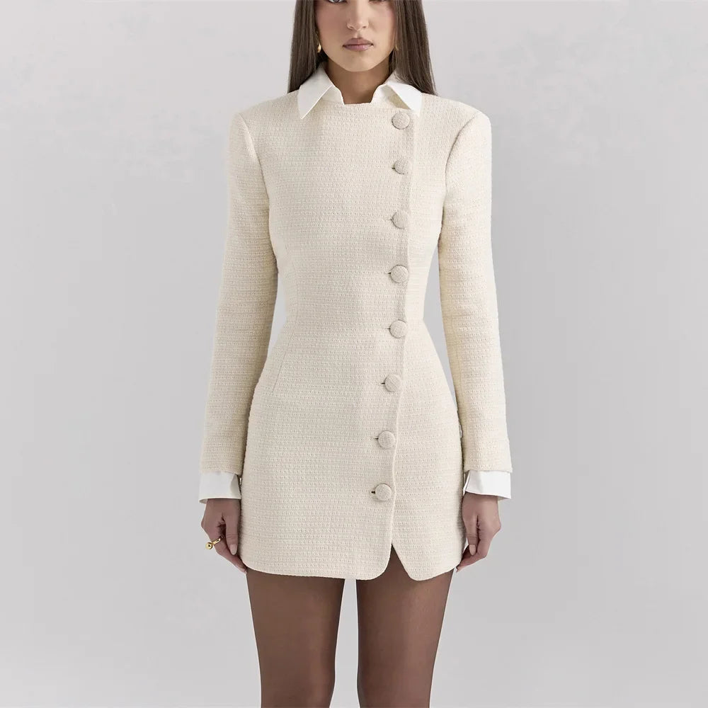 Vintage Patchwork, Single Breasted Lapel Slim Short Dress.