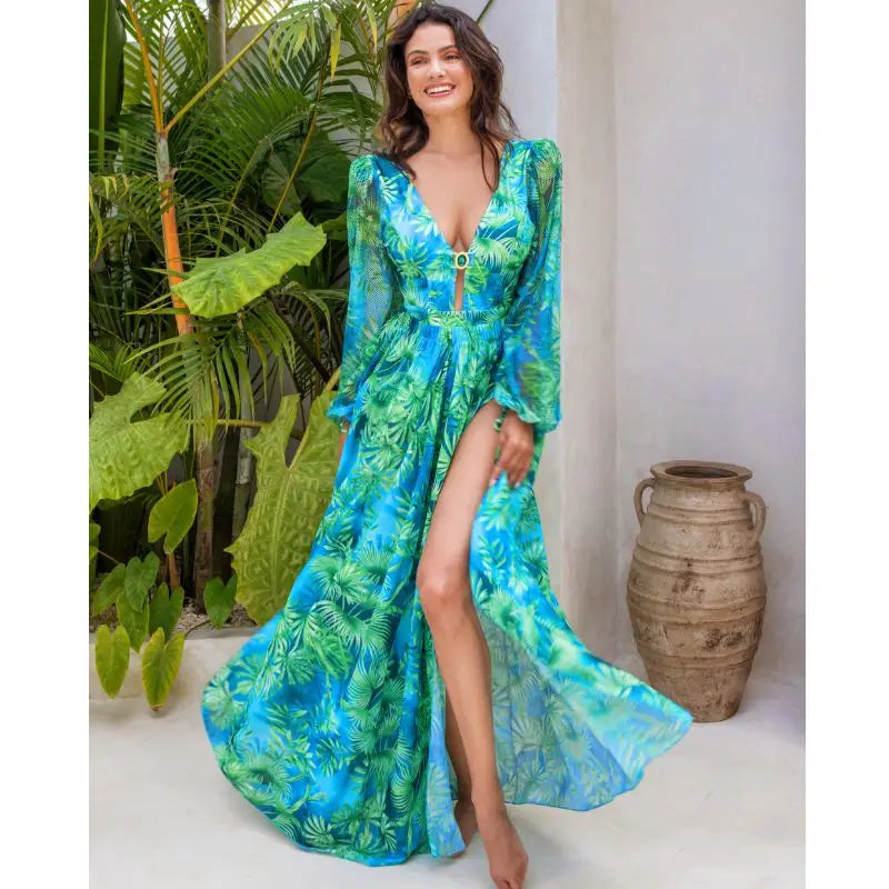 Long-sleeved Jungle Green Print One Piece Summer Dress