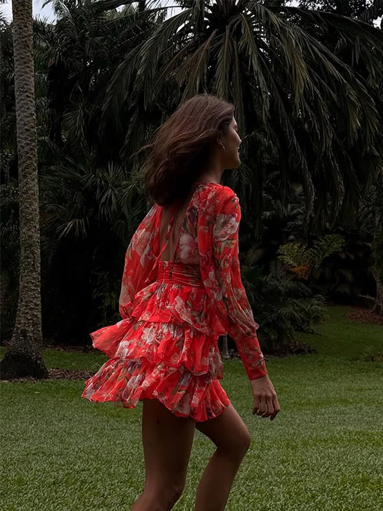 Printed Flower V Neck Backless Mini Dress
