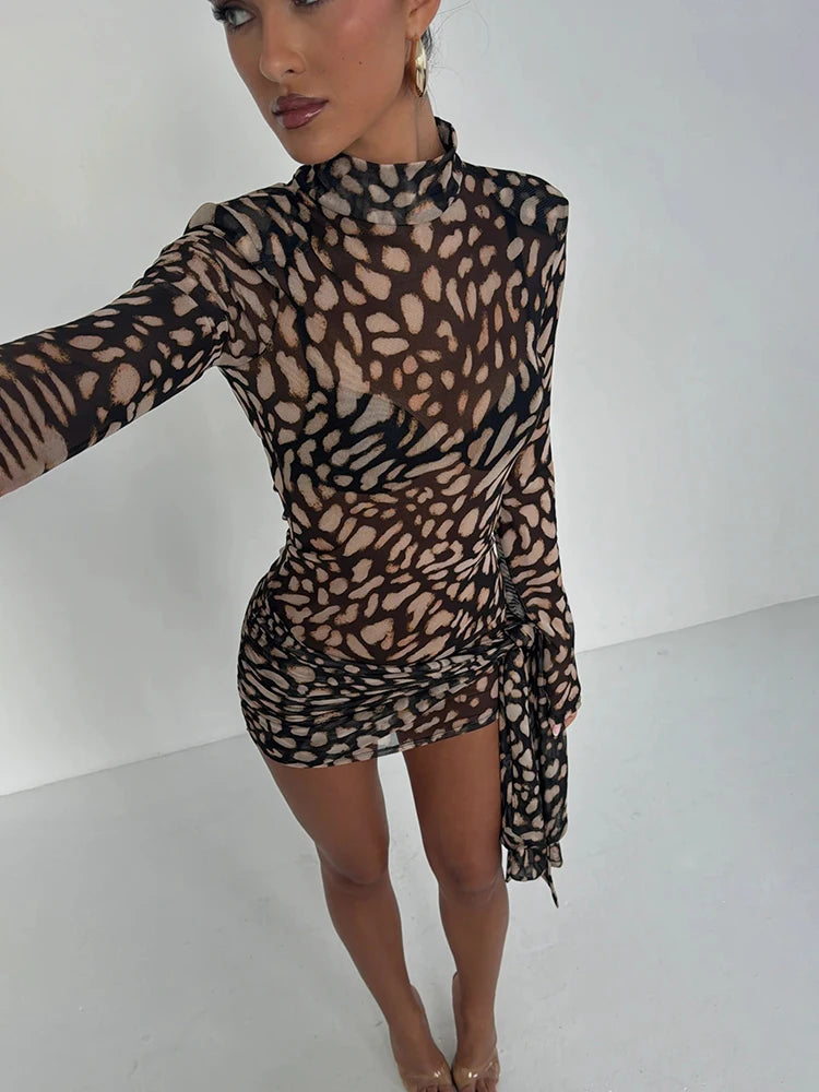 Turtleneck Sheer Print Leopard Bandage, Long Sleeve Mini Dress.