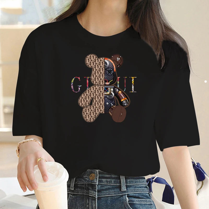 Bear Pattern Printed Crew Neck, Short Sleeve T-Shirt.
