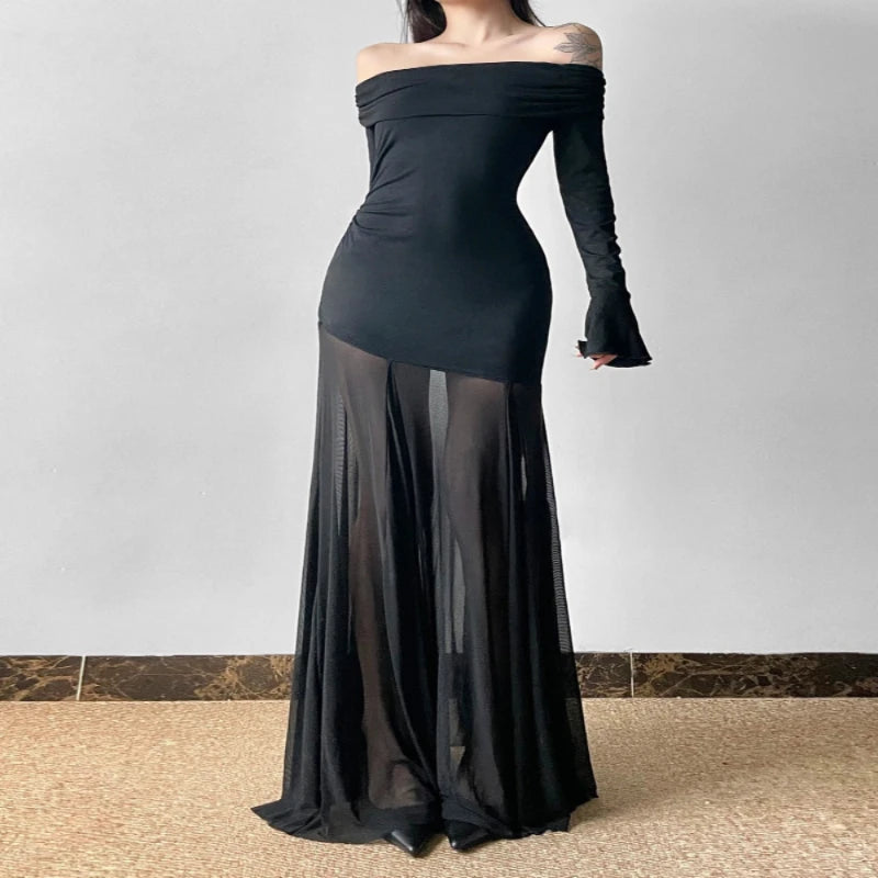Long Sleeve Mesh Splice Slimming One Shoulder Dress.