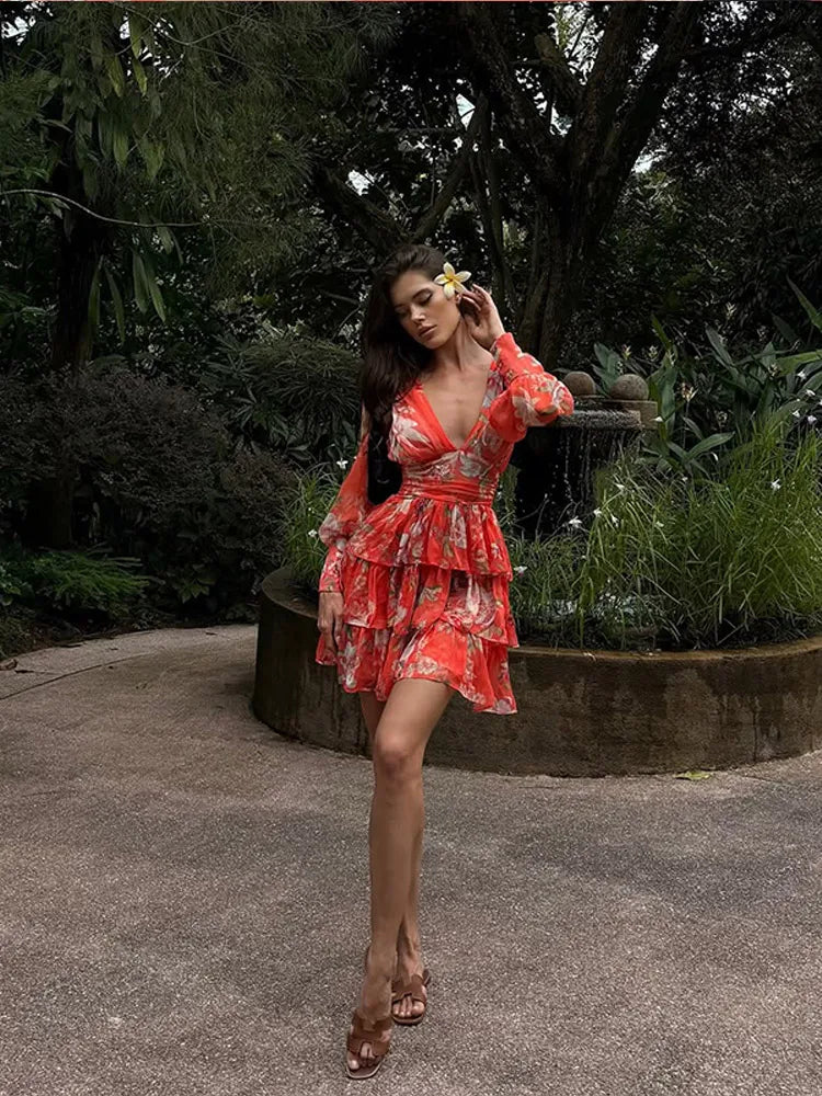 Printed Flower V Neck Backless Mini Dress