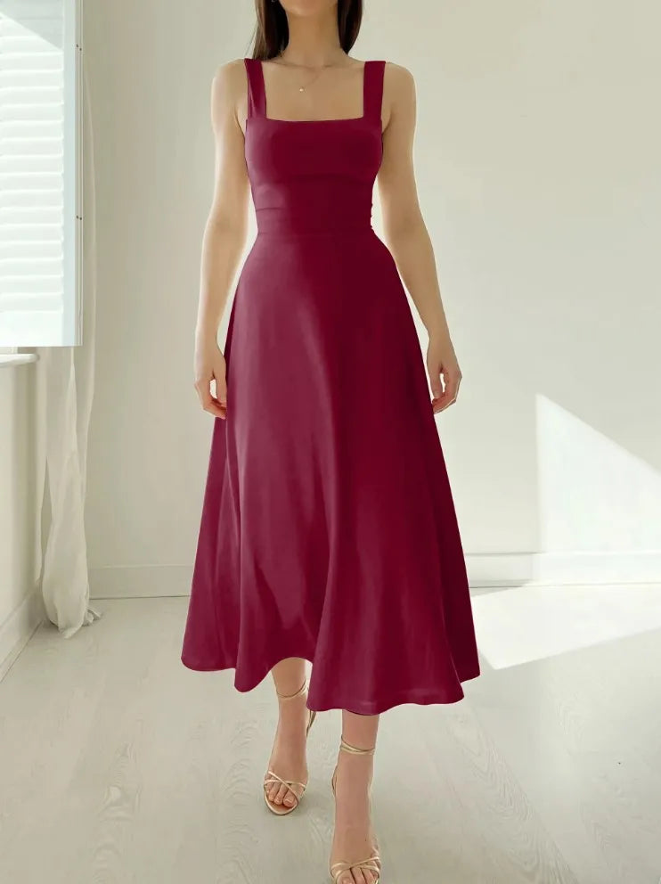 Square Collar New Thick Shoulder Straps Slim Lace Up Waist Dresses
