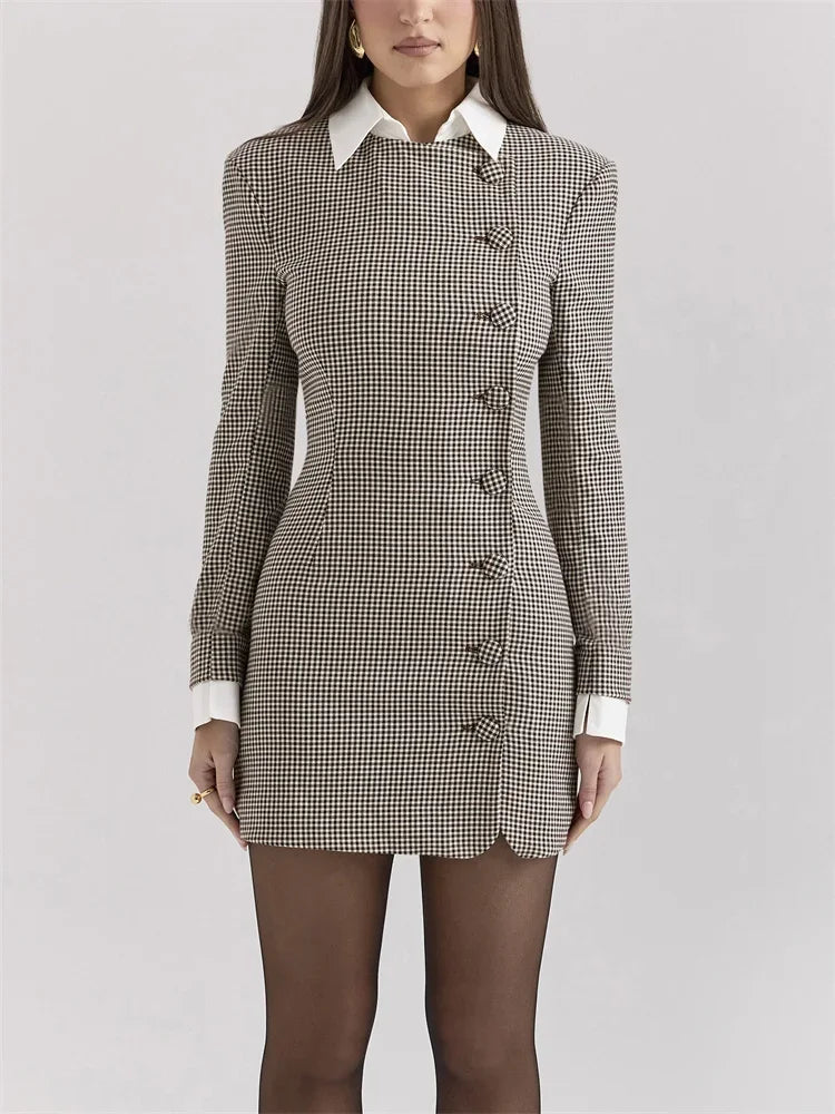 Vintage Patchwork, Single Breasted Lapel Slim Short Dress.