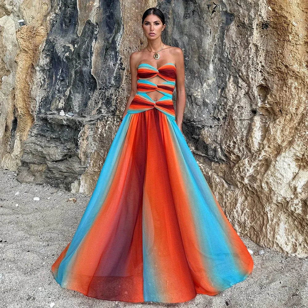 Blue-Orange Gradient Hollow One Piece Skirt Women.