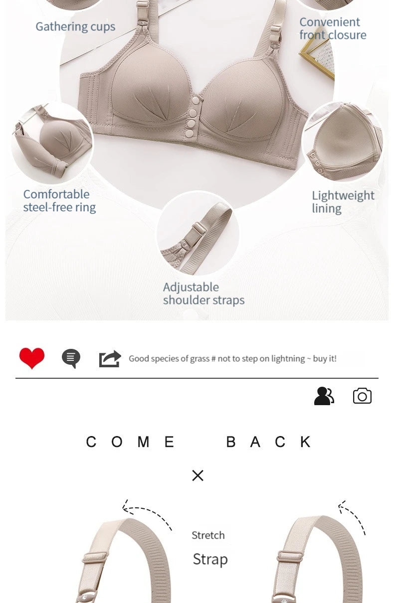 Front button bra underwear no underwire breathable comfortable traceless invisible hollow print adjustable@G102