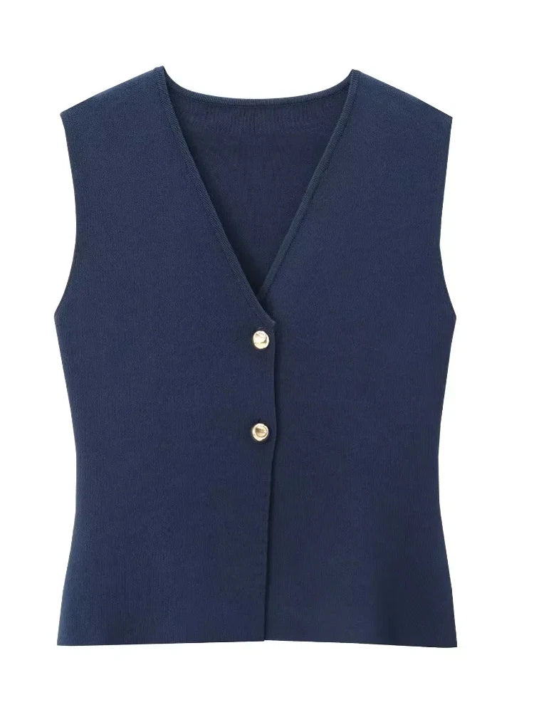 Women with gold button knit waistcoat top vintage v-neck sleeveless button-up female waistcoat chic tops