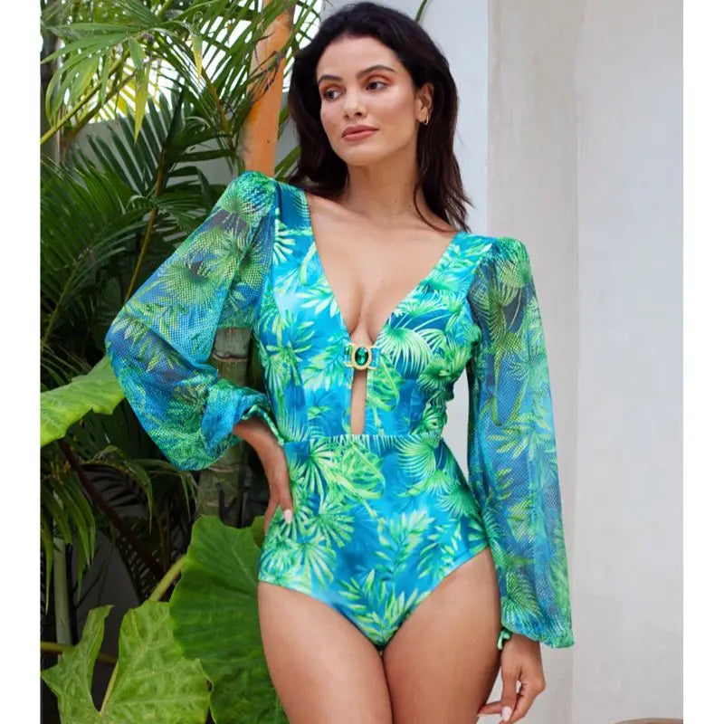 Long-sleeved Jungle Green Print One Piece Summer Dress