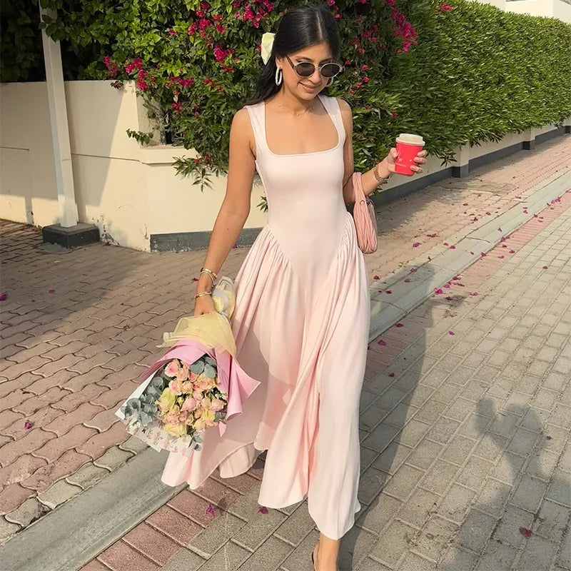 Square Collar Waist Cinched Slimming Pleated Fishbone Fluffy Long Dresses