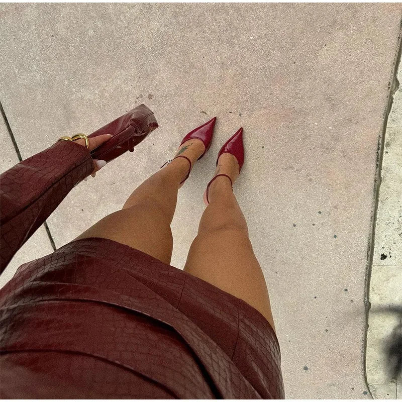 New V-Neck Long Sleeve Leather Short Dress.