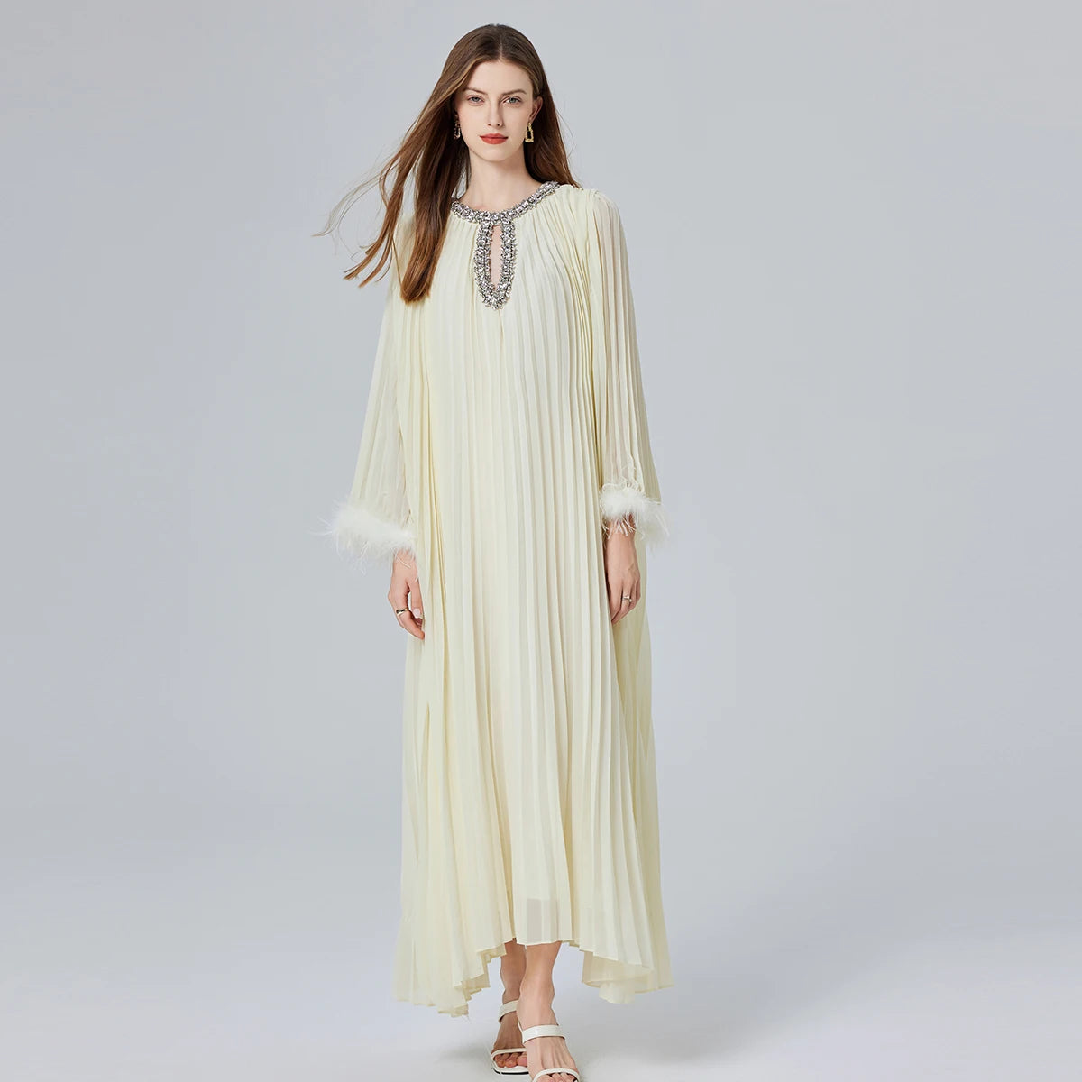 Solid Loose Spliced, Round Neck Long Sleeves patchwork Dimond Dress.