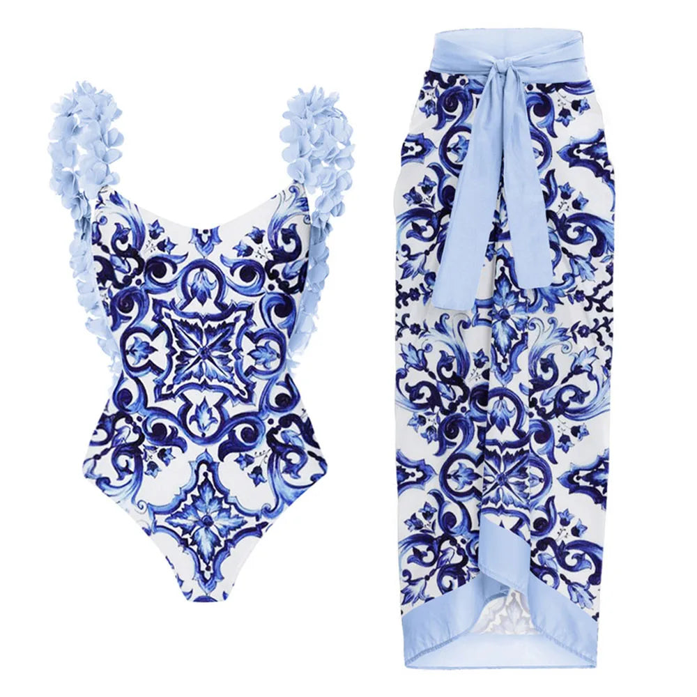 Women's Clothing One Piece Navy Print Bikini Set Beach Skirt Polyester bodysuit Swimwear Style Wear Maxi Dress.