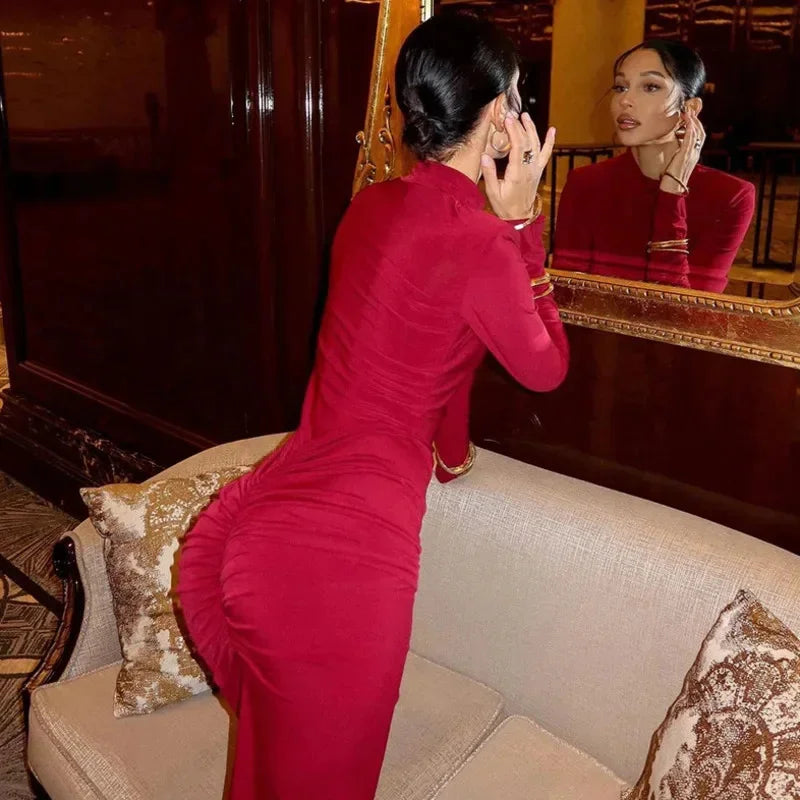 Elegant Pleated Slim Fit Long Dress Women Fashion Shoulder Pad Full Sleeves.