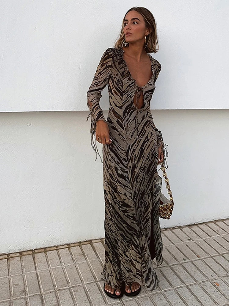 Casual Tiger Stripe Lace Up Women Dress.