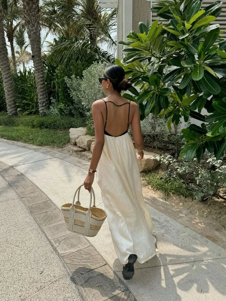 Contrasting Color Out Sling Maxi Dress Women Backless Loose Dresses.