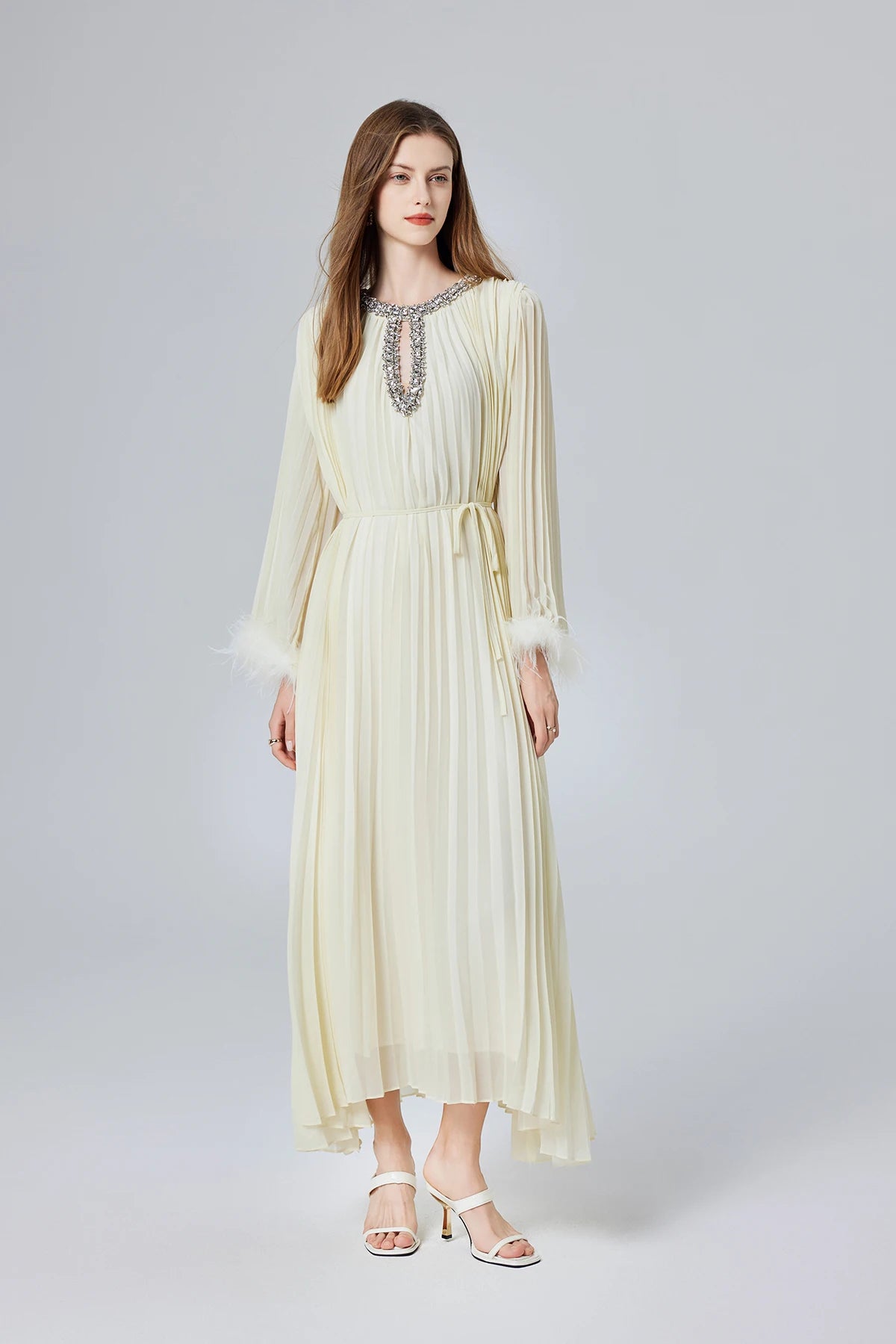 Solid Loose Spliced, Round Neck Long Sleeves patchwork Dimond Dress.