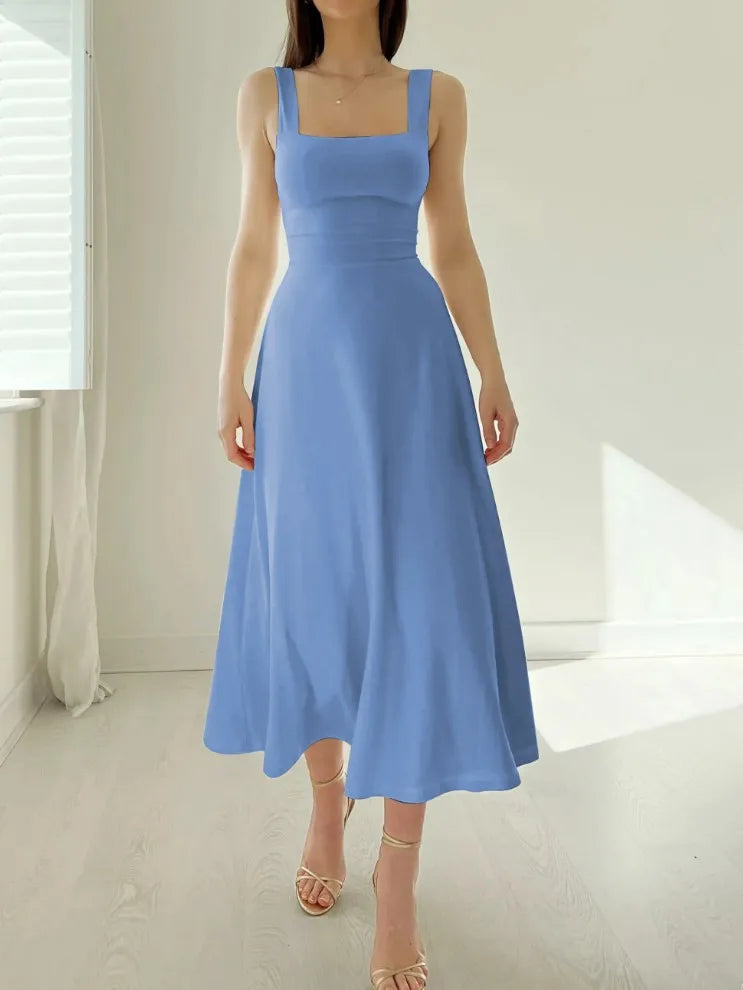 Square Collar New Thick Shoulder Straps Slim Lace Up Waist Dresses