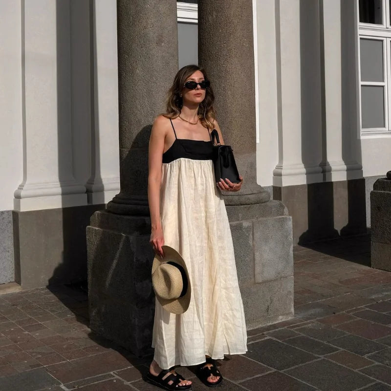 Contrasting Color Out Sling Maxi Dress Women Backless Loose Dresses.
