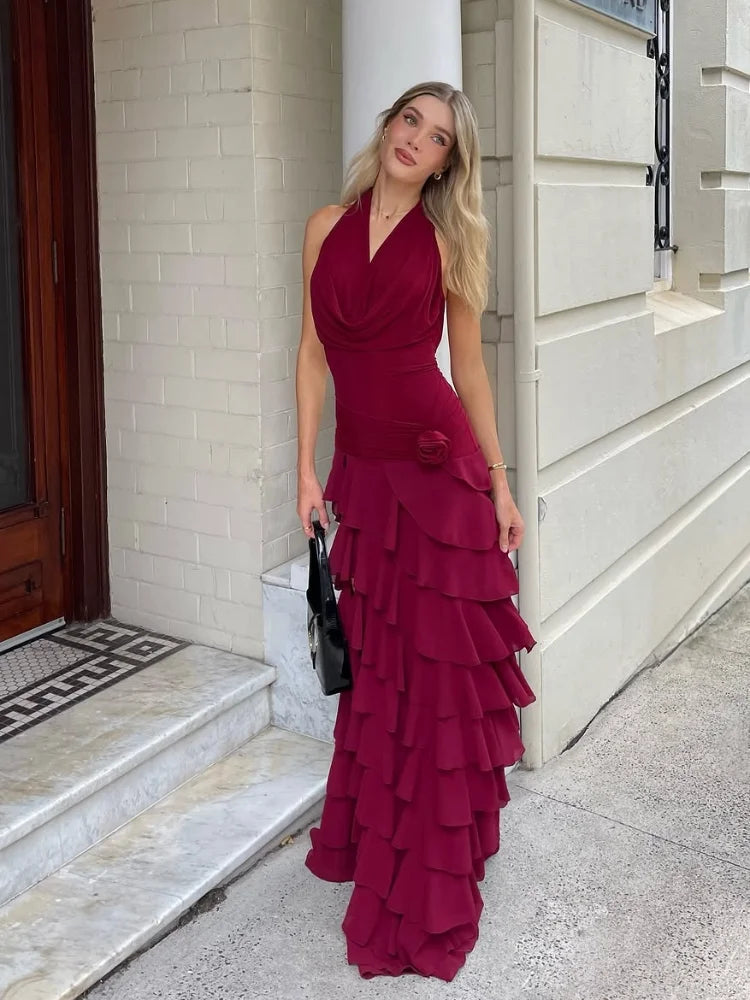 Dark Red Layer Hem Split, Backless Pleated Neck Sleeveless Long Robes