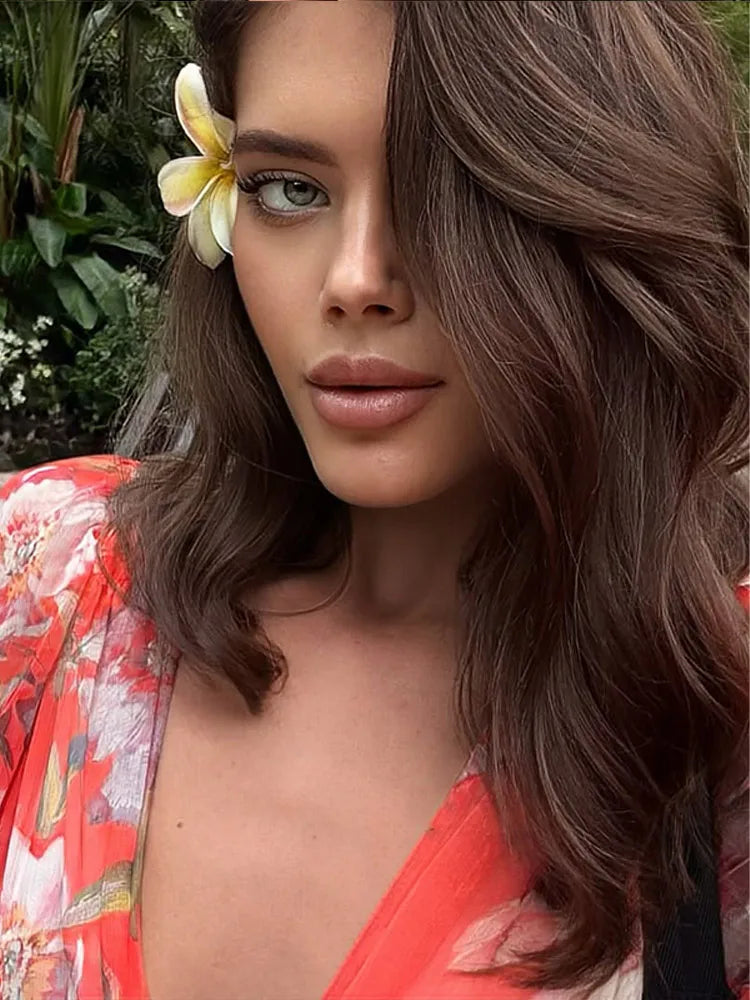 Printed Flower V Neck Backless Mini Dress