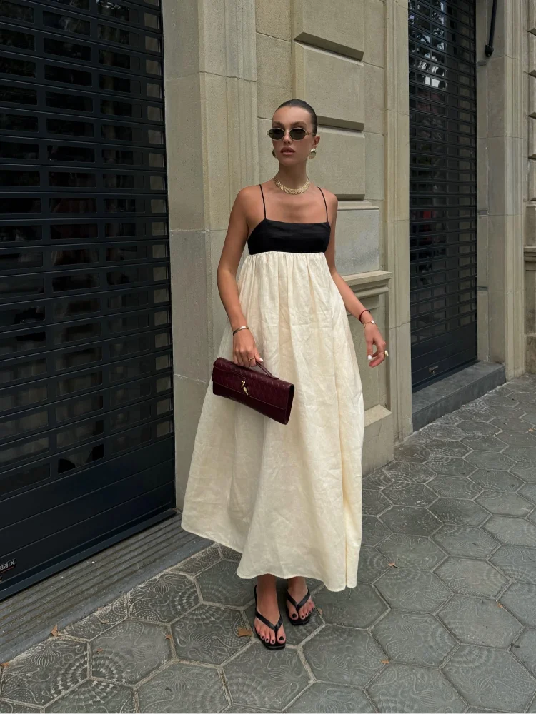 Contrasting Color Out Sling Maxi Dress Women Backless Loose Dresses.