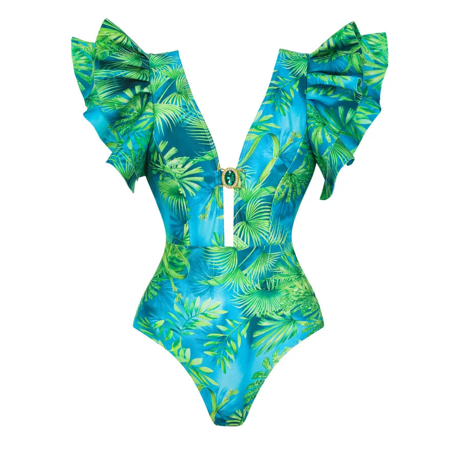 Long-sleeved Jungle Green Print One Piece Summer Dress