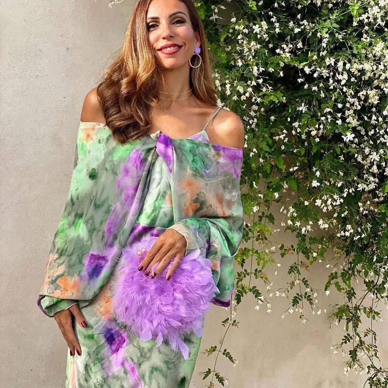 Summer Hippie, Long Sleeves, Backless Tie Dye Sling Dress.