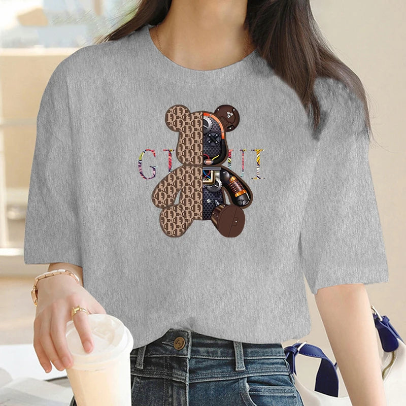 Bear Pattern Printed Crew Neck, Short Sleeve T-Shirt.