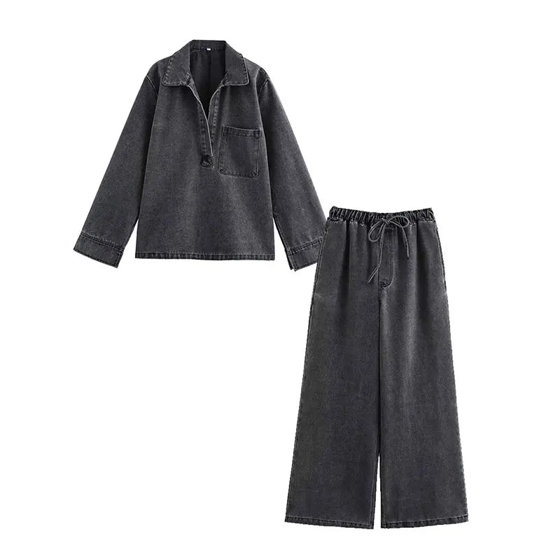 Vintage Denim Long Sleeve Coat Wide Leg Trousers.