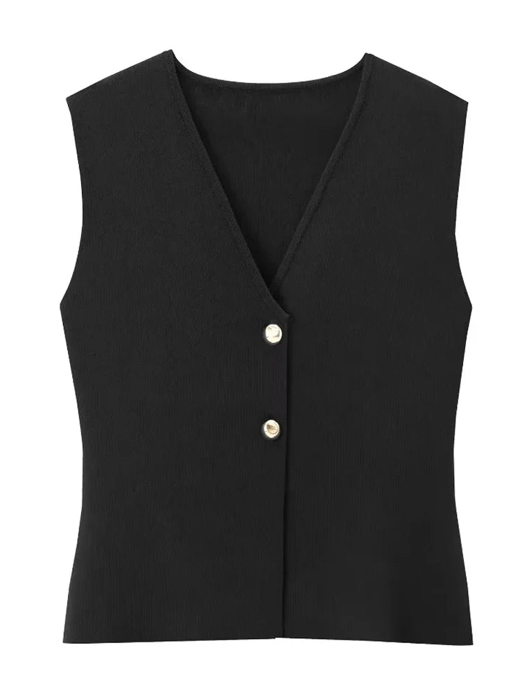 Women with gold button knit waistcoat top vintage v-neck sleeveless button-up female waistcoat chic tops