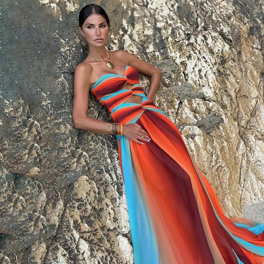 Blue-Orange Gradient Hollow One Piece Skirt Women.