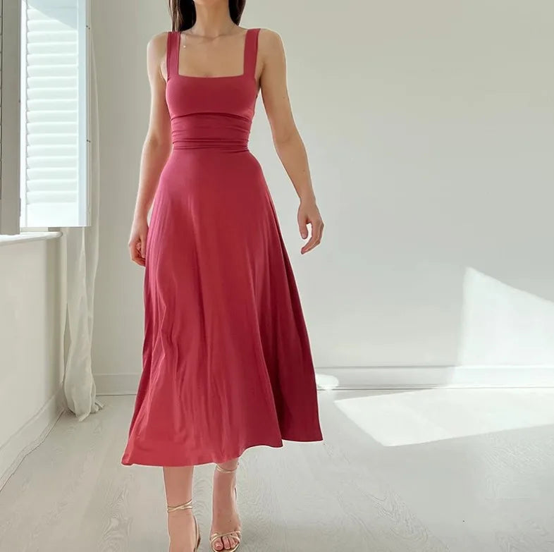 Square Collar New Thick Shoulder Straps Slim Lace Up Waist Dresses