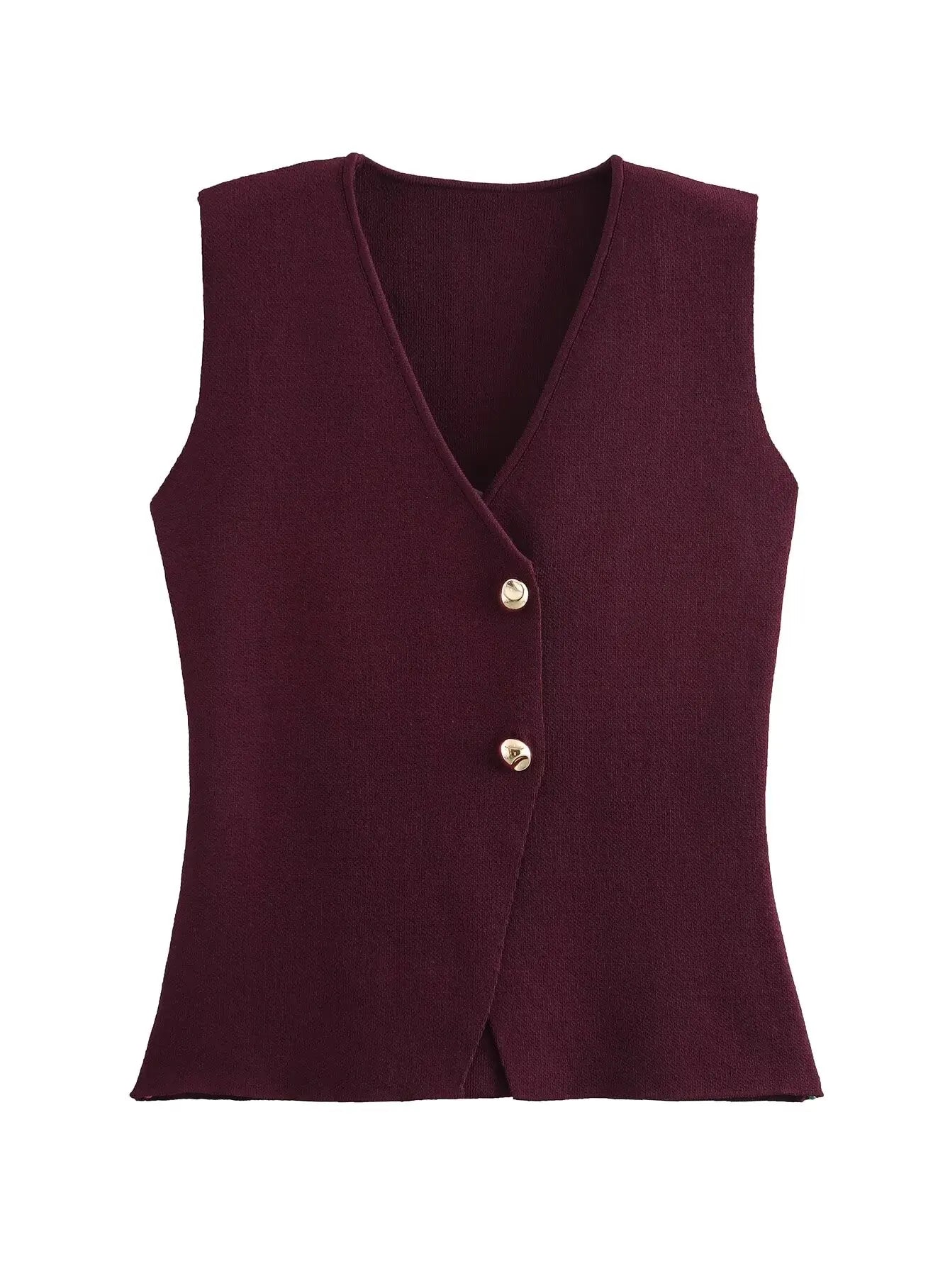 Women with gold button knit waistcoat top vintage v-neck sleeveless button-up female waistcoat chic tops