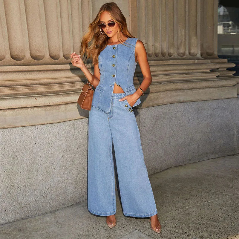 Metal Buttons, Vest With High Waist Wide Leg Jeans.