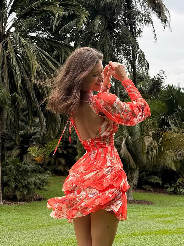 Printed Flower V Neck Backless Mini Dress