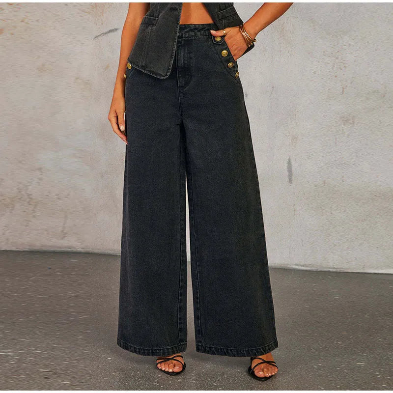 Metal Buttons, Vest With High Waist Wide Leg Jeans.
