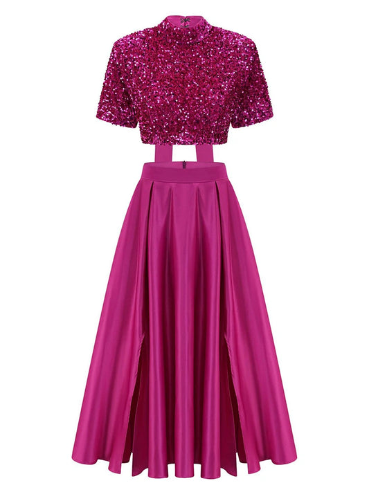 Two Piece Sets, Stand Collar Short Sleeve Spliced Sequins Tops High Waist Skirt Chic.